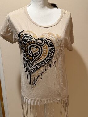 Heart Graphic Fringe Tee - Beige with Black & Gold